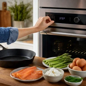 Horno precalentandose a 375°F para frittata de salmon ahumado y esparragos