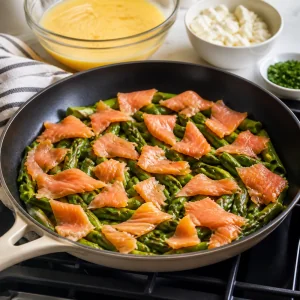 Esparragos salteados cubiertos con salmon ahumado en una sarten