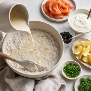 Blini batter stirred with salmon, creme fraiche, caviar, and herbs nearby