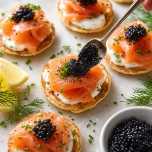 Blini topped with creme fraiche, smoked salmon, chives, pepper, and caviar