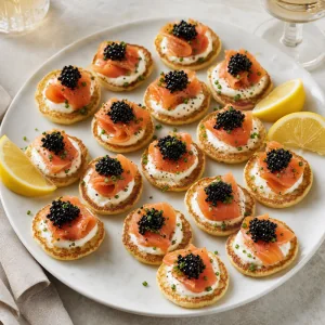 Finished smoked salmon blini arranged on a platter with lemon wedges