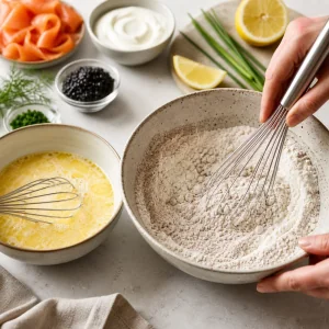 Flours and salt whisked beside egg, milk, and melted butter