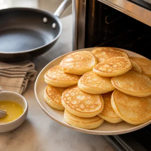 Plain golden blini kept warm beside a skillet and melted butter