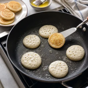Small blini cooking in a buttered skillet with bubbles on the surface