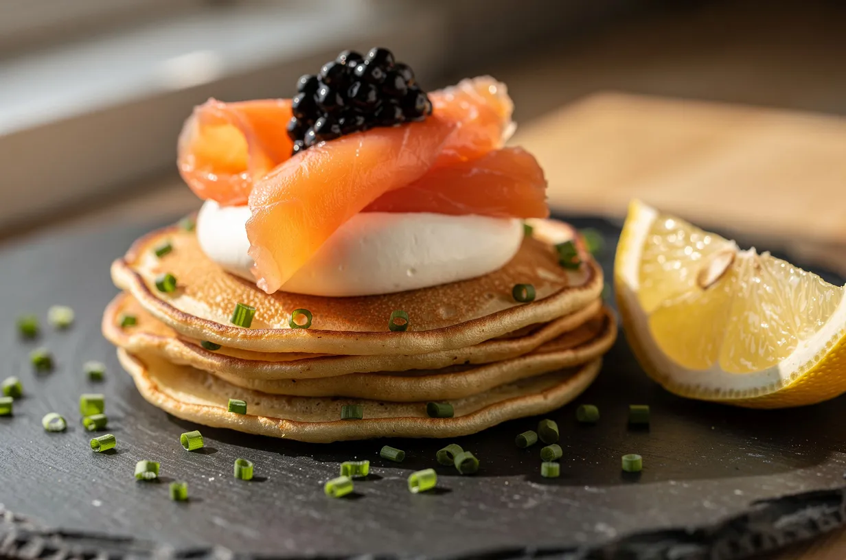 Smoked Salmon Blini with Creme Fraiche and Caviar (Easy)