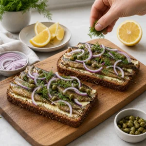 Adding dill, red onion, and capers to smoked sprat sandwiches