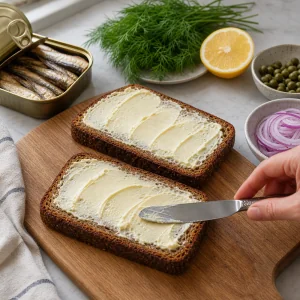 Buttering toasted rye bread for smoked sprat sandwiches