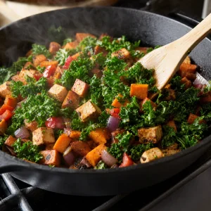 Posiekany jarmuz wmieszany w wedzony hash z batatow i tofu