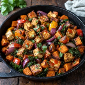 Gotowy wedzony hash z batatow z chrupiacym tofu i jarmuzem