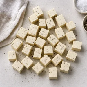 Kostki odsaczonego tofu doprawione sola i swiezo mielonym pieprzem