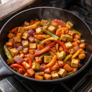 Czerwona cebula i papryka podsmazane z batatami i tofu