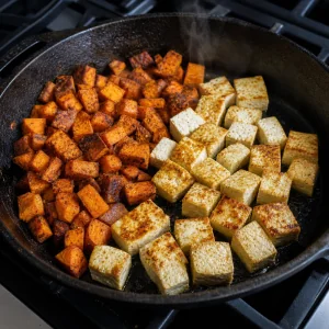 Kostki tofu rumienia sie obok podsmazonych batatow