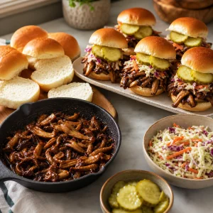 Barbecue mushroom sliders assembled with slaw and pickle chips