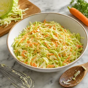 Creamy cabbage and carrot slaw in a mixing bowl