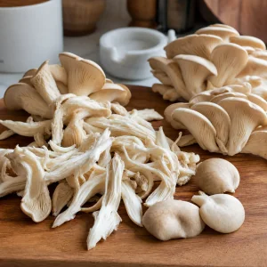Oyster mushrooms torn into thick strands with small caps left whole