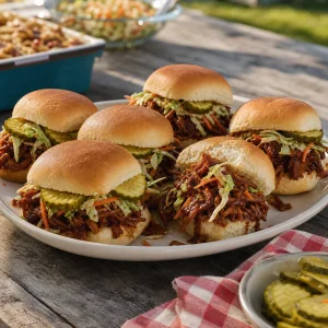 Platter of barbecue pulled mushroom sliders with slaw and pickles