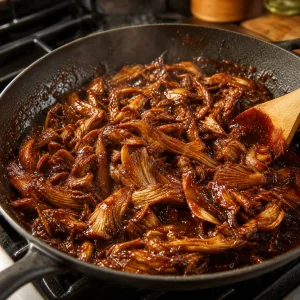 Roasted oyster mushrooms coated in glossy barbecue sauce