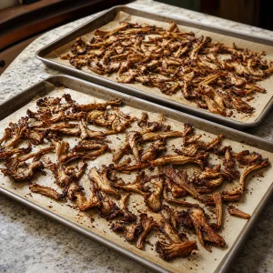 Roasted oyster mushrooms with deeply browned edges on sheet pans