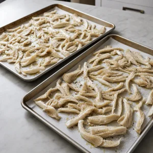 Seasoned oyster mushrooms spread on two sheet pans