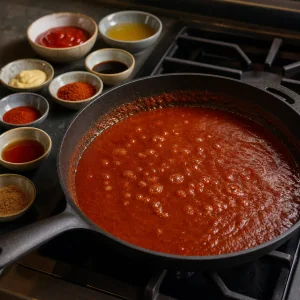 Smoky barbecue sauce simmering in a wide skillet