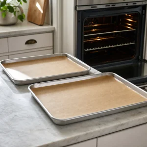 Two parchment-lined sheet pans ready beside the oven