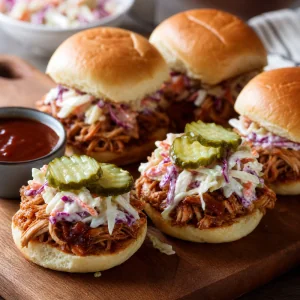 BBQ pulled chicken sliders topped with coleslaw and pickles