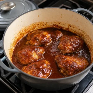Browned chicken returned to smoky BBQ sauce before baking