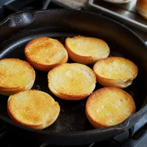 Buttered slider buns toasted golden in a skillet