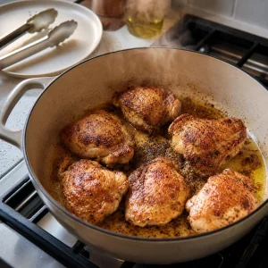 Chicken thighs searing in a Dutch oven until golden