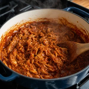Pulled chicken simmering as smoky BBQ sauce thickens