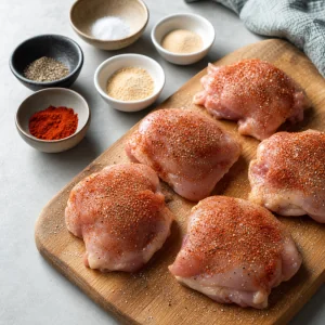 Seasoned chicken thighs prepared with spices for BBQ sliders