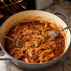 Tender BBQ chicken shredded in sauce with two forks