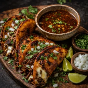 Birria tacos served with consome, onion, cilantro, and lime