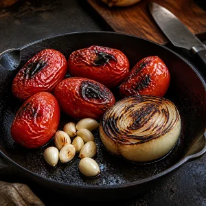 Charred tomatoes, onion, and peeled garlic in a skillet