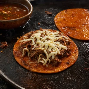 Consome-dipped tortilla topped with birria beef and cheese