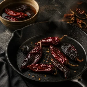 Dried chiles toasting in a cast-iron skillet