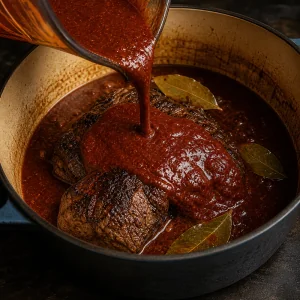 Red chile sauce poured over seared beef with bay leaves