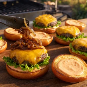 Cheddar burgers being topped with browned onions