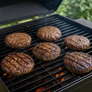 Six beef patties browning on an outdoor grill