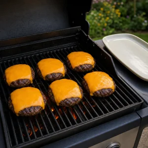 Six grilled patties with melted cheddar