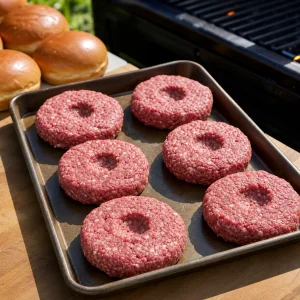 Six shaped beef patties with center indentations
