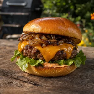 Smoky cheddar burger with browned onions and lettuce