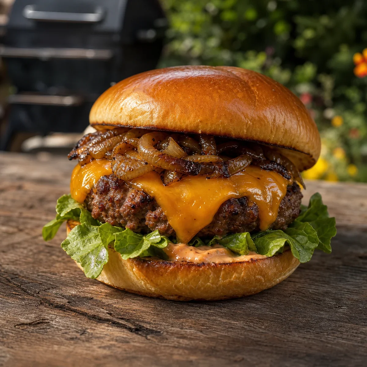 Smoky cheddar burger with browned onions and lettuce