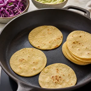 Corn tortillas warming in a dry skillet