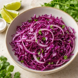Red cabbage and red onion slaw with lime