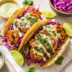 Shrimp tacos with red cabbage slaw and avocado crema