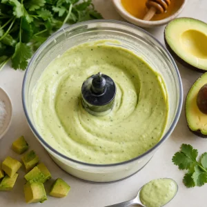 Smooth avocado crema in a blender cup