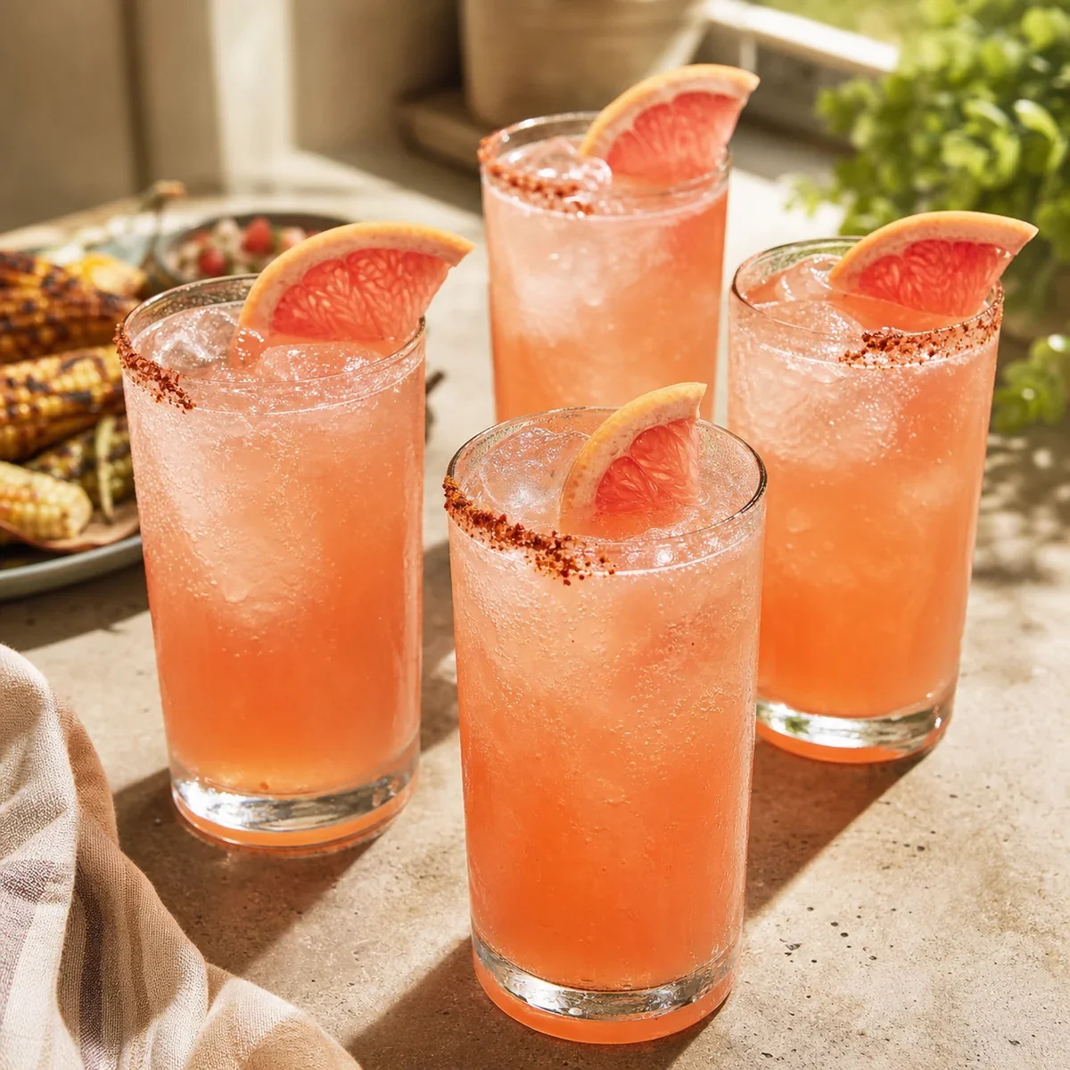 Four smoky grapefruit palomas with chile-salt rims and grapefruit garnishes