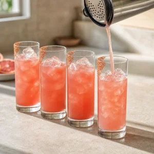 Grapefruit cocktail mixture being strained evenly into four ice-filled glasses