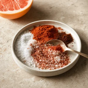 Kosher salt, smoked paprika, and chipotle being mixed on a small plate